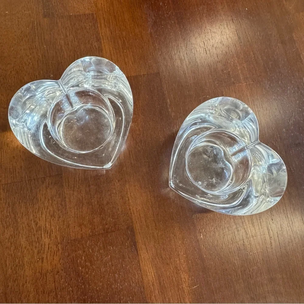 Crate & Barrel Clear Glass Heart Votive Candle Holders Pair Red Candles